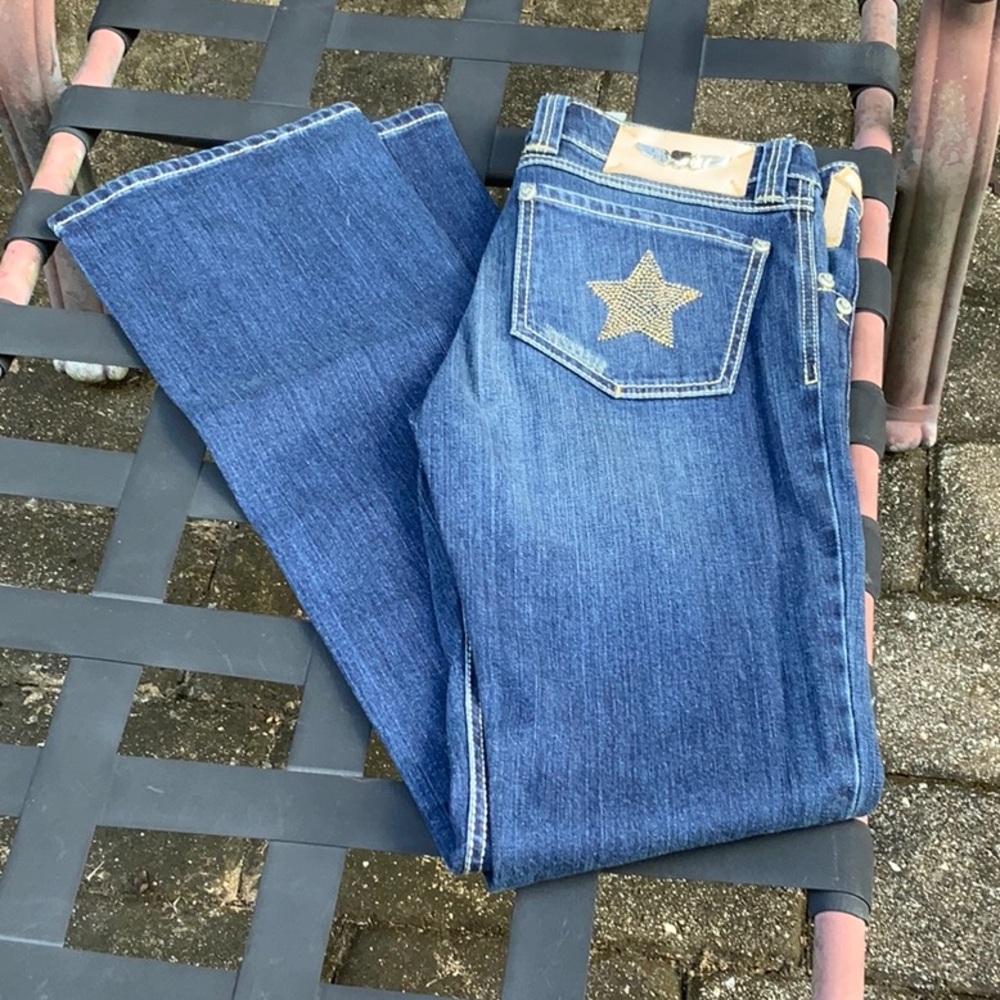 TWISTED HEART STAR EMBELLISHED GOLD HEART JEANS, SIZE 30